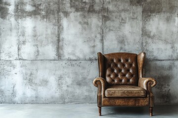 Industrial Loft Interior Design with Leather Armchair on Concrete Wall Background