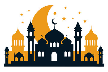 Vibrant Vector Illustration of Eid Celebration with Mosque Silhouette at Sunset
