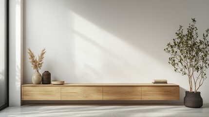 Modern Living Room Interior with TV Cabinet Mockup on White Wall