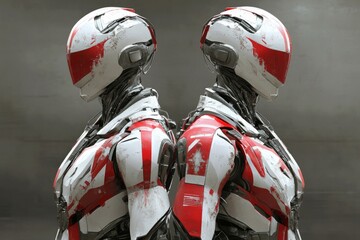 Fototapeta premium Two robotic warriors clad in red and white armor symbolize technological unity.