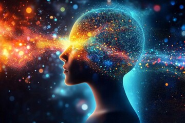 Visualizing cognitive processes through silhouettes and glowing neural imagery.