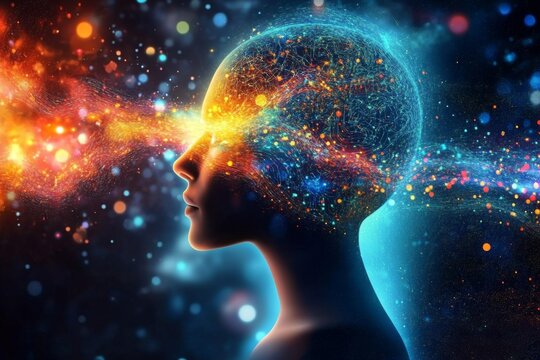 Visualizing cognitive processes through silhouettes and glowing neural imagery.