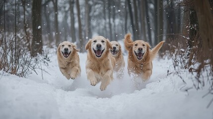Excited golden retrievers bound through a snowy forest, their tails wagging furiously.