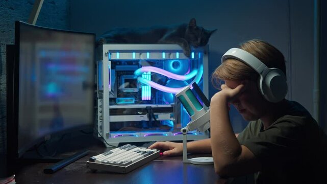 The young man was disheartened by the result of the game he had played on his computer at home in the evening. Slow motion