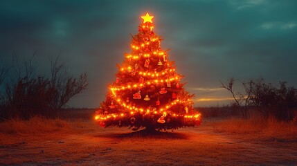 Illuminated christmas tree in scenic outdoor setting at dusk
