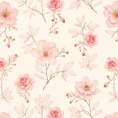 Fototapeta premium Delicate floral pattern featuring pink roses and blossoms on a soft beige background