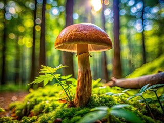 Fototapeta premium Brown Bottom Mushroom Growing in a Lush Forest Setting with Rich Green Foliage and Soft Light
