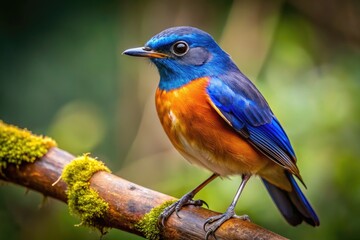 Fototapeta premium Brown Bird with Striking Blue Wings Perched on Branch in Natural Habitat Captured in Soft Light