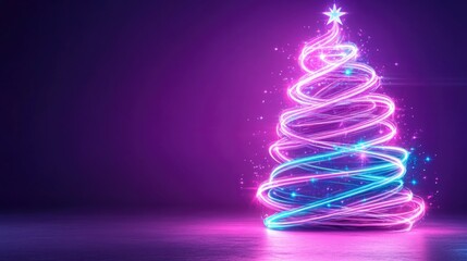 Neon christmas tree with twinkling lights and star against dark background for festive decoration