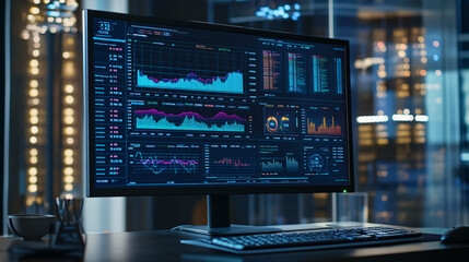 Financial analytics dashboard on computer screen. Business data analysis, stock market research and investment strategy concept.