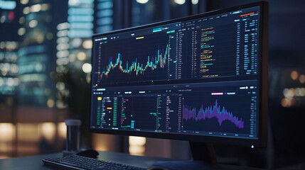 Financial analytics dashboard on computer screen. Business data analysis, stock market research and investment strategy concept.