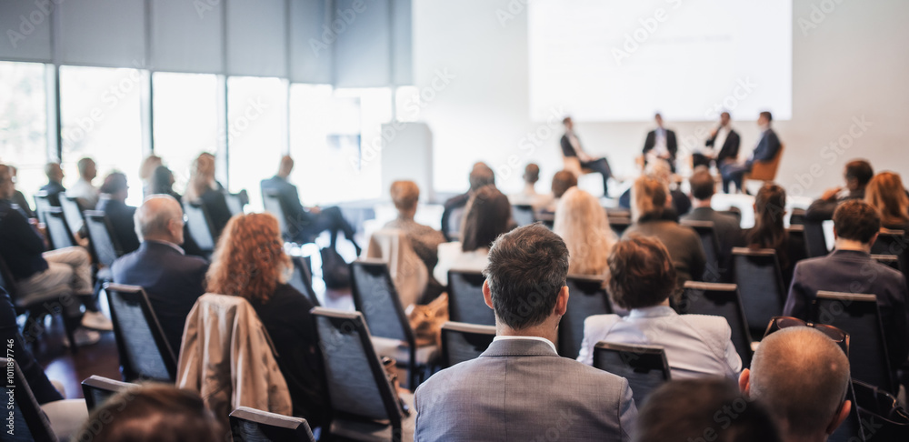 Poster interview and round table discussion at business convention and presentation. audience at the confer