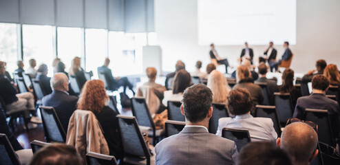Interview and round table discussion at business convention and presentation. Audience at the...