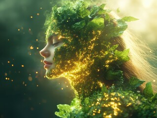 Artistic portrait of a woman with glowing plant-like textures and leaves on her face in a surreal nature concept