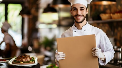 Proud Chef Showcasing Plated Dish With Cardboard Sign Culinary Pride and Emotion Concept
