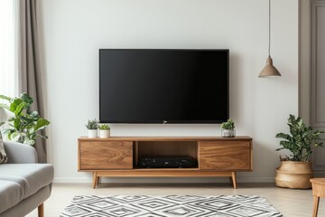 Contemporary Living Room Interior with LED TV on White Wall Cabinet