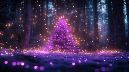 Enchanting christmas tree with sparkling purple lights in a magical forest setting