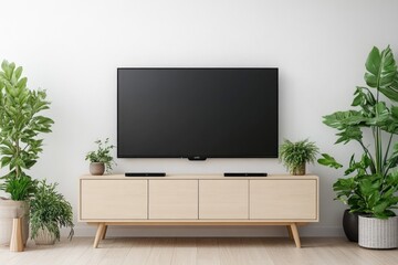 Sleek TV Stand in Minimalist Living Space with White Wall