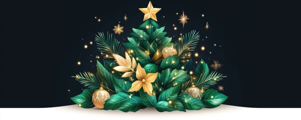 Festive christmas tree with golden decorations and sparkling lights for holiday celebration