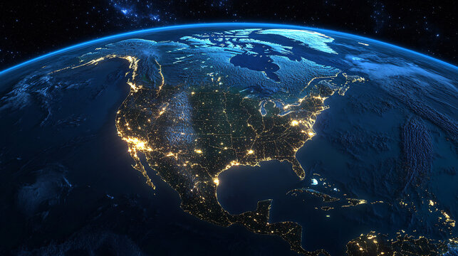 glowing earth from space north america at night with city lights and celestial digital illustration