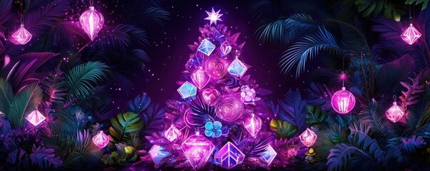 Enchanted neon christmas tree in tropical jungle setting