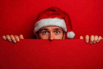 Man wearing a red hat and a red shirt is standing in front of a red board. Funny funky christmas father in red hat headwear look behind white wall poster advertise winter xmas shopping sales discounts
