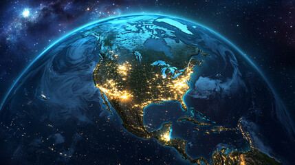 Obraz premium glowing earth from space north america at night with city lights and celestial digital illustration