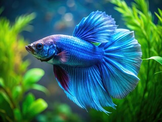 Fototapeta premium A breathtaking blue halfmoon betta fish glides elegantly through a lively underwater habitat, showcasing its vivid colors against the vibrant aquatic surroundings.