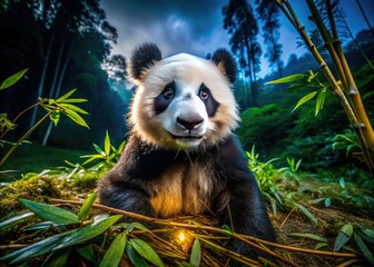 Obraz premium A charming giant panda frolics joyfully in a lush bamboo forest, showcasing its fluffy fur coat and playful spirit, radiating sheer happiness and delight.