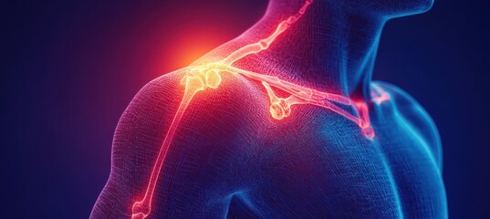 Realistic illustration of shoulder pain highlighting inflammation and discomfort with red glowing effect on human body