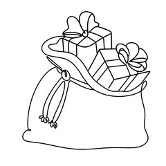 Santa's bag full of gifts one line art drawing 