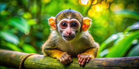 Obraz premium A charming small monkey with big eyes rests on a branch, surrounded by a vibrant, lush green jungle, offering a delightful glimpse into nature's wonder.