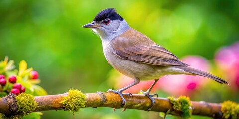Fototapeta premium Captivating Blackcap Bird Perched on a Branch in Natural Habitat During Bright Sunny Day