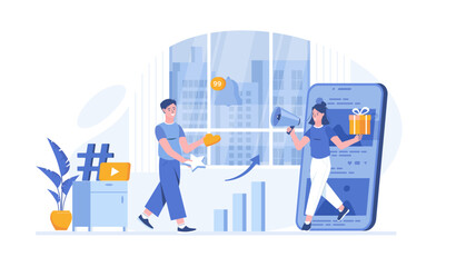 Social Media Marketing SMM concept Digital communication Advertising strategy for promoting brand, goods, services through social networks. Vector illustration with characters in flat design