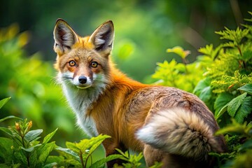 Fototapeta premium Captivating Close-Up of a Fox's Bushy Tail in Natural Habitat Surrounded by Lush Greenery