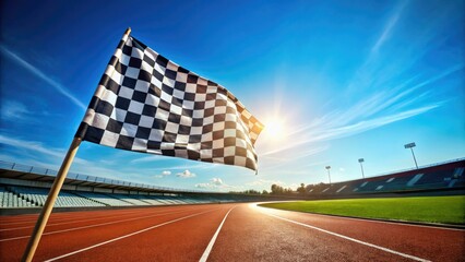 A colorful flag waves, signaling the start of the race under a brilliant blue sky on the track, generating excitement among eager spectators and racers.