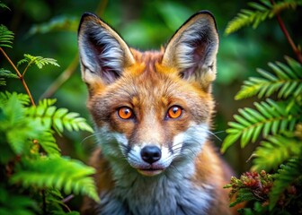 Fototapeta premium Captivating Close-Up of a Fox with Striking Red Eyes in Natural Habitat Surrounded by Greenery