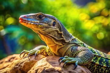 Fototapeta premium Captivating Close-Up of a Monitor Lizard Sunbathing on a Rock in Its Natural Habitat