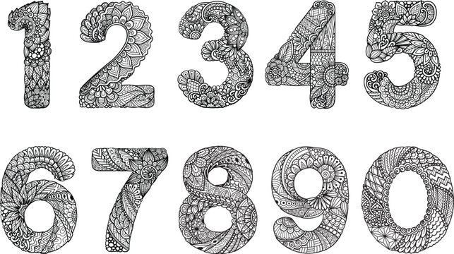 Drawing mandala zentangle 1 to 0 pack for design element, adult coloring page, engraving. Vector illustration.