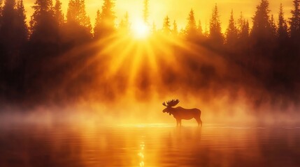 Fototapeta premium Tranquil Sunrise Over a Misty Lake with Silhouetted Moose