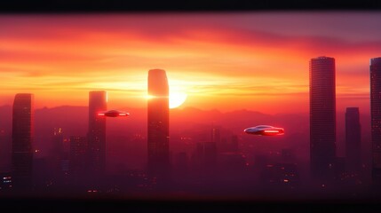 Fototapeta premium Futuristic City at Sunset with Flying Objects