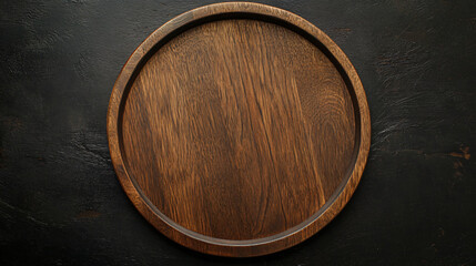 Fototapeta premium On black table, circular wooden tray or cutting board. Top view of barren kitchen with saw-cut imitation trendy rustic wooden tray. Background of food and menu items.