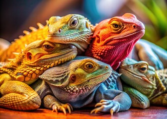 Fototapeta premium Adorable Lizard Pets Curled Up Together on a Soft Surface in a Warm and Inviting Home Environment