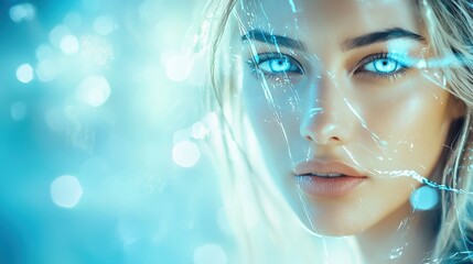 A mesmerizing portrait of a woman with glowing blue eyes surrounded by ethereal light patterns