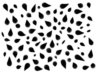 Abstract contrast background of black watercolor drops scattered on a white background. Simple and versatile design suitable for textiles, wallpapers and various graphic projects.