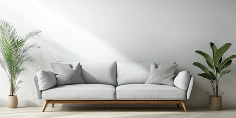 Modern Scandinavian Living Room Interior with White Walls and Cozy Sofa under Soft Light