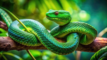 Fototapeta premium Captivating Green Rattlesnake Coiled on a Branch in Natural Habitat with Lush Greenery Surrounding It