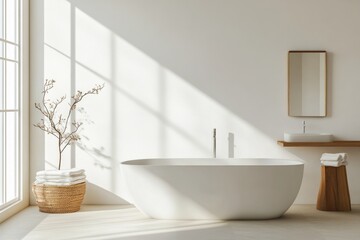 Fototapeta premium Modern Bathroom Interior Design with Bathtub, Sink and Empty Wall Space