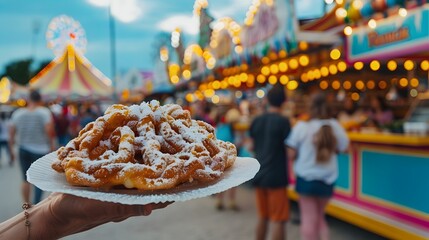 Couple Enjoying Funnel Cake at Vibrant Fairground with Colorful Lights and Crowds