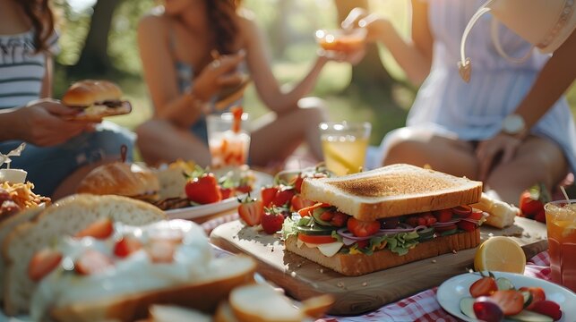 Friends Enjoying a Picnic with Sandwiches and Desserts in the Bright Sunlight